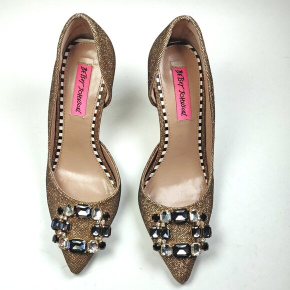 Festive Betsey Johnson Metallic Gold Glitter Jezzy D'orsay Heels Dress Pump - Picture 3 of 13